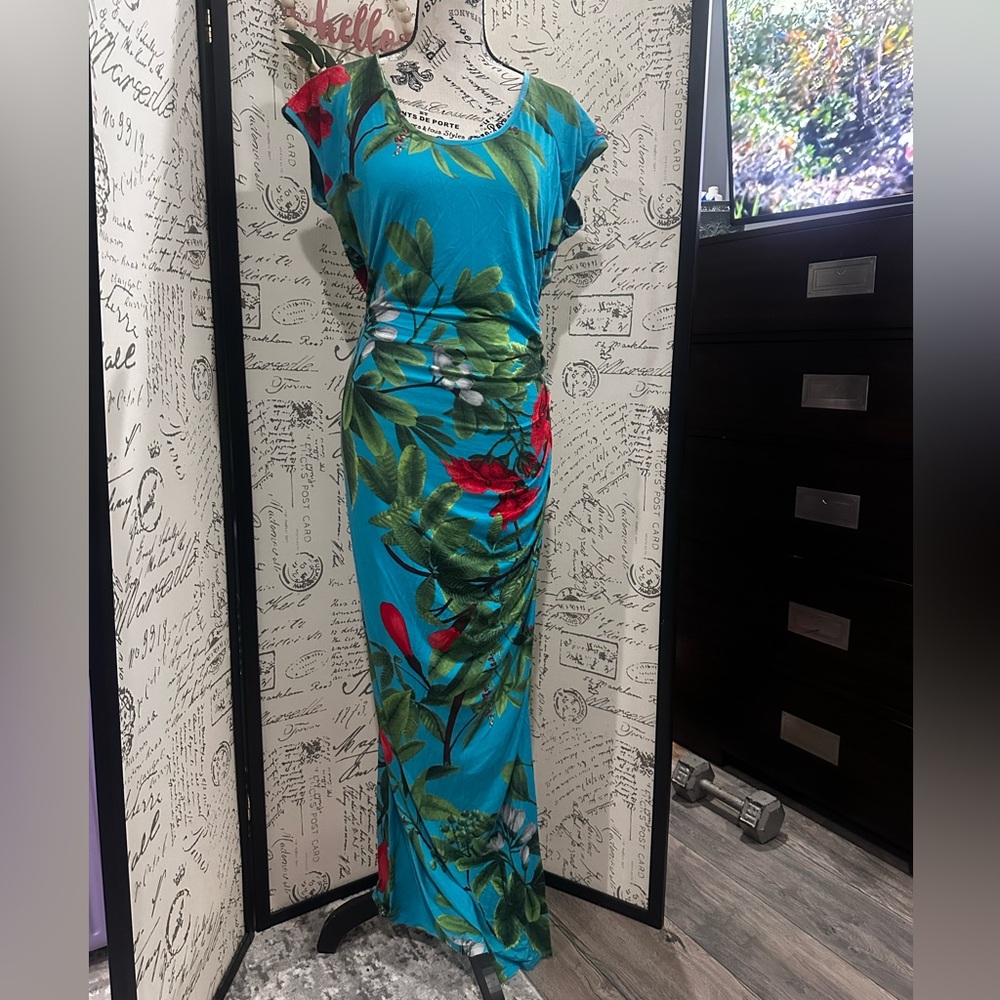 Colleen Lopez Blue Sheath Maxi Dress with Dolman Cap Sleeves